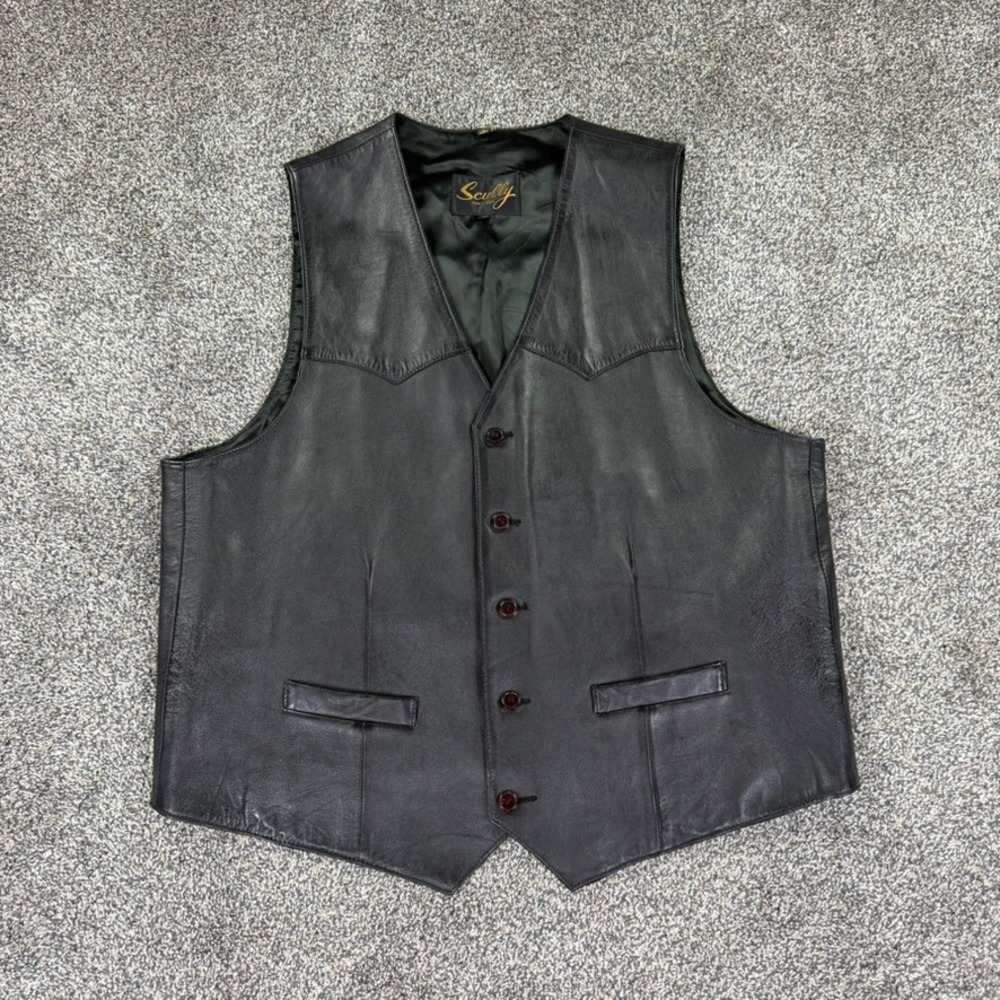 Scully Mens 46 Black Genuine Leather Western Vest Button Front Yoke V-Neck